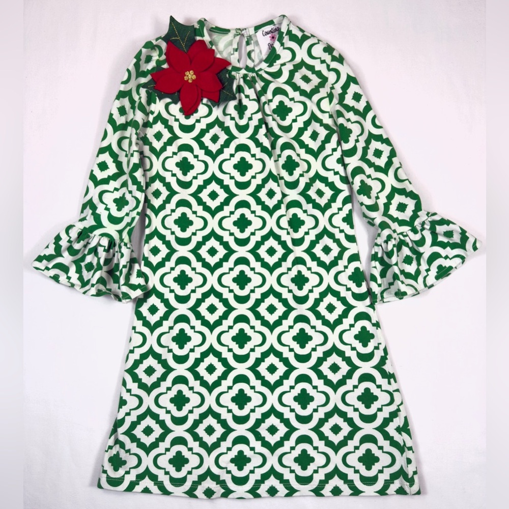 COUNTING DAISIES Girls’‎ Trumpet Sleeve Christmas Dress Poinsettia Appliqué 8
